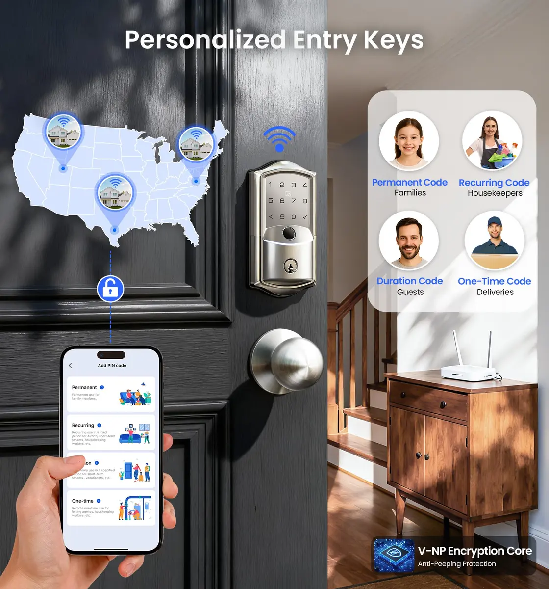 Veise VE027-K WiFi Smart Deadbolt Lock Set with 2 Knobs, Satin Nickel | Remote Access & Fingerprint Entry - view 5