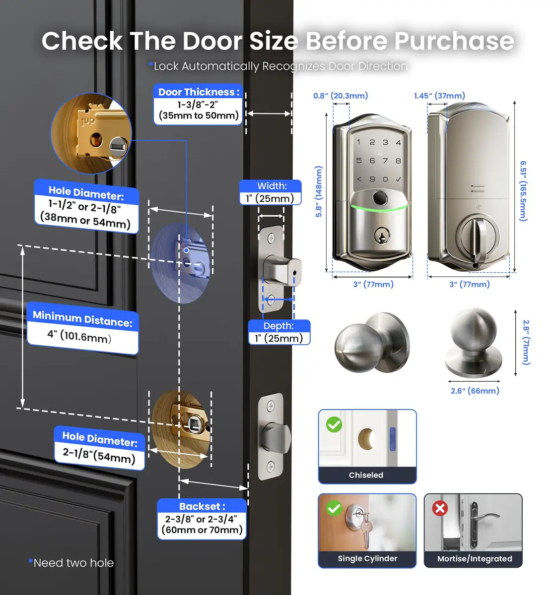 Veise VE027-K WiFi Smart Deadbolt Lock Set with 2 Knobs, Satin Nickel | Remote Access & Fingerprint Entry - view 9