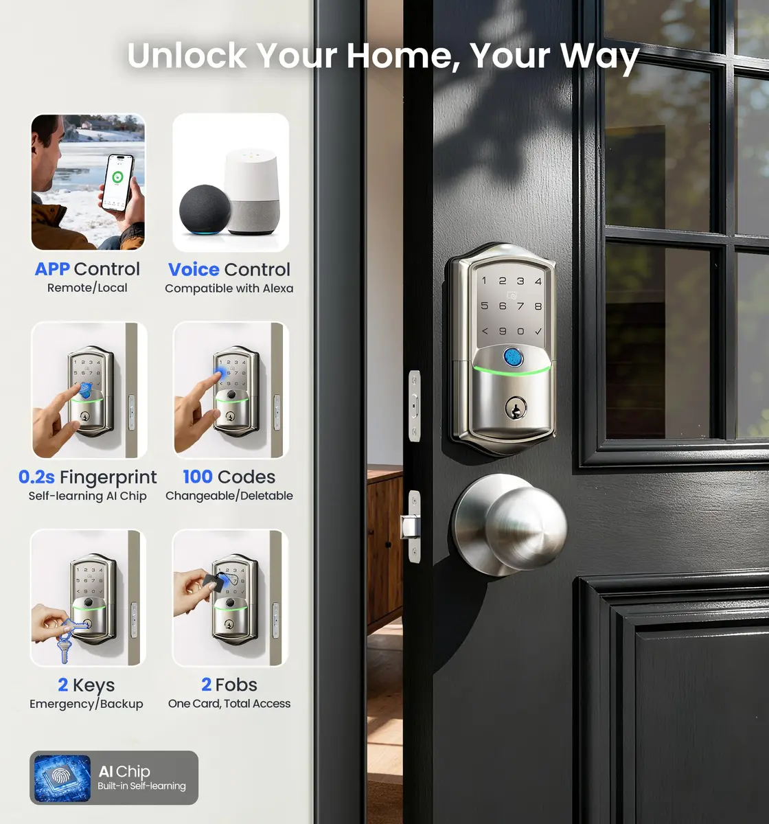 Veise VE027-K WiFi Smart Deadbolt Lock Set with 2 Knobs, Satin Nickel | Remote Access & Fingerprint Entry - view 2