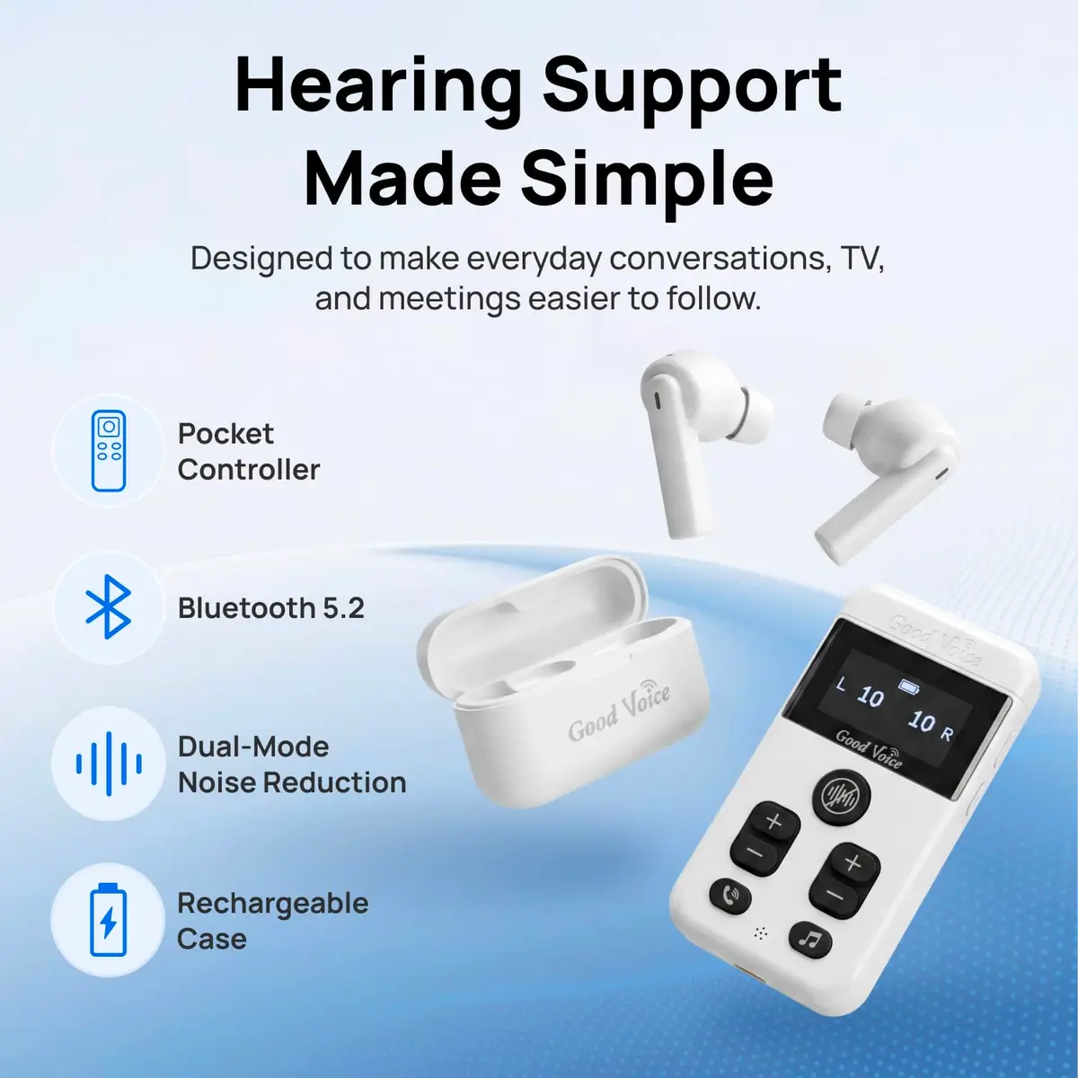OKB Hearing GV-SA0360 OTC In-Ear Hearing Aid, True-Wireless with Pocket Controller Ear-Extension for TV & Meetings, Dual-Mode Noise Reduction, Charging Case, Bluetooth 5.2, Adults 18+ (Polar White) - view 2