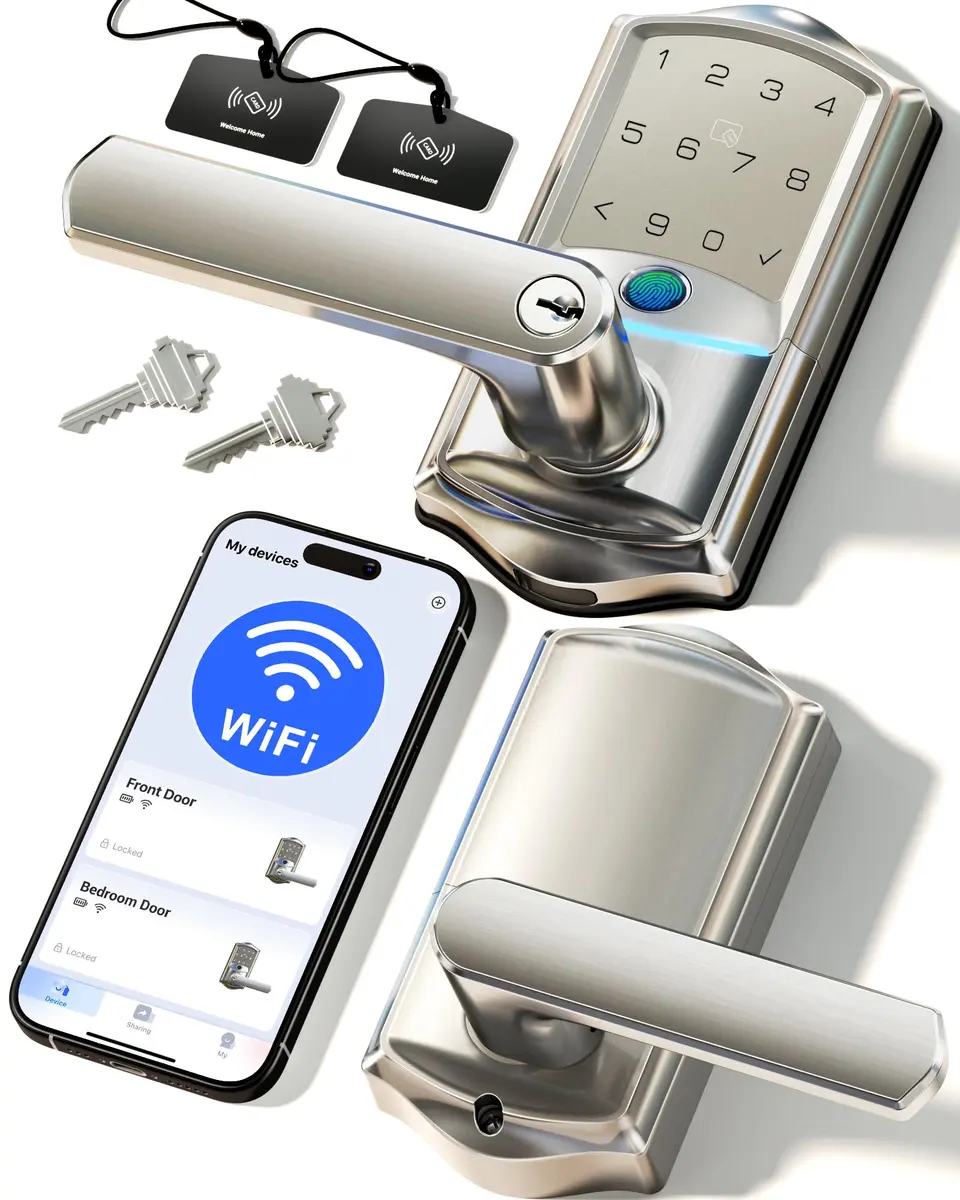 Veise VE029 Wi-Fi Smart Lever Lock with Digital Keypad | All-Weather, App & Voice Control, Satin Nickel - main product image