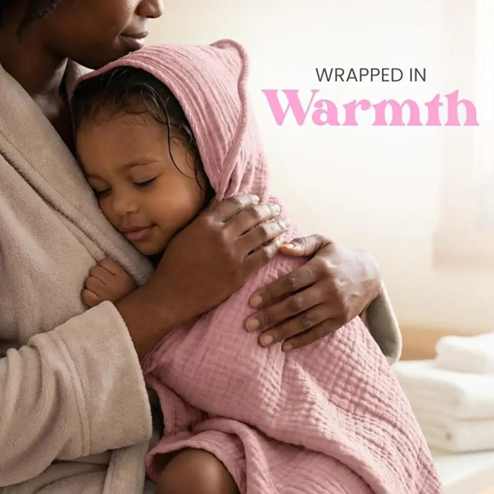 Mère & Moi 2 Pack Muslin Hooded Baby Bath Towels | Ultra-Soft Cotton, Quick-Dry, Breathable (30x30 in) - view 5