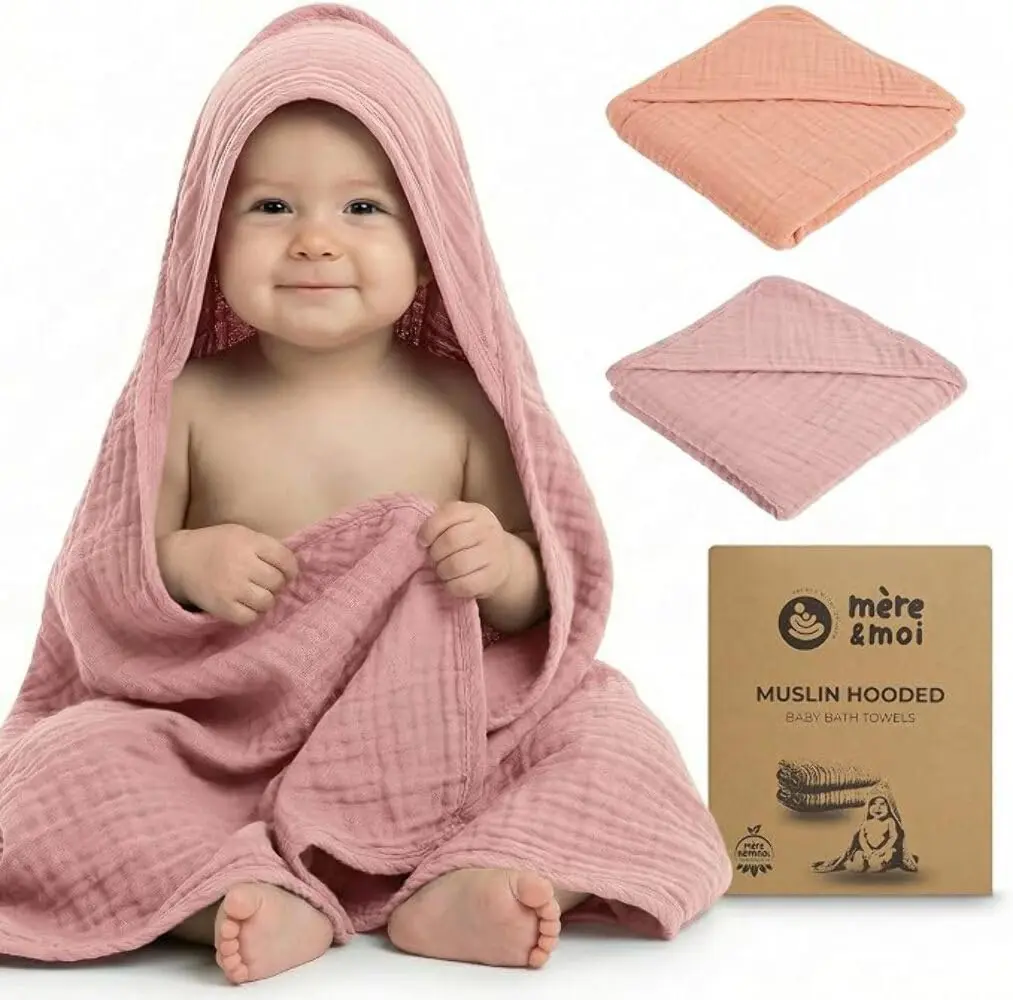 Mère & Moi 2 Pack Muslin Hooded Baby Bath Towels | Ultra-Soft Cotton, Quick-Dry, Breathable (30x30 in) - view 6
