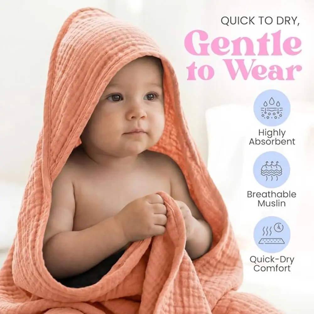 Mère & Moi 2 Pack Muslin Hooded Baby Bath Towels | Ultra-Soft Cotton, Quick-Dry, Breathable (30x30 in) - view 7