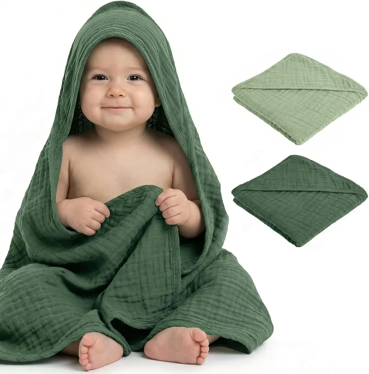 Mère & Moi 2 Pack Muslin Hooded Baby Bath Towels | Ultra-Soft Cotton, Quick-Dry, Breathable (30x30 in) - view 8