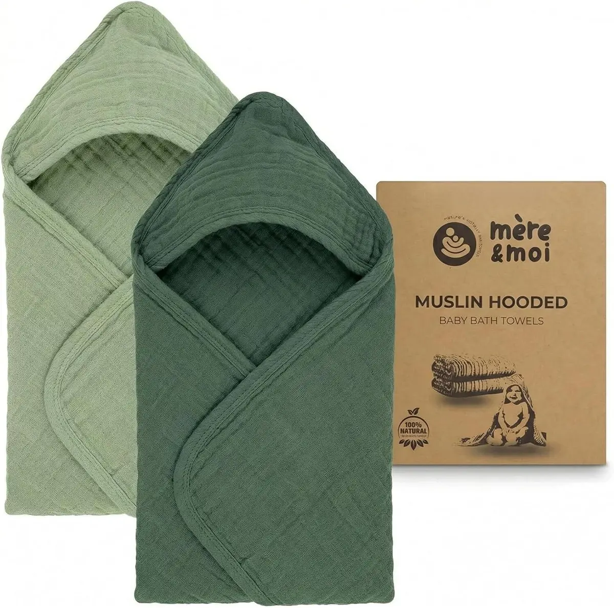 Mère & Moi 2 Pack Muslin Hooded Baby Bath Towels | Ultra-Soft Cotton, Quick-Dry, Breathable (30x30 in) - view 9