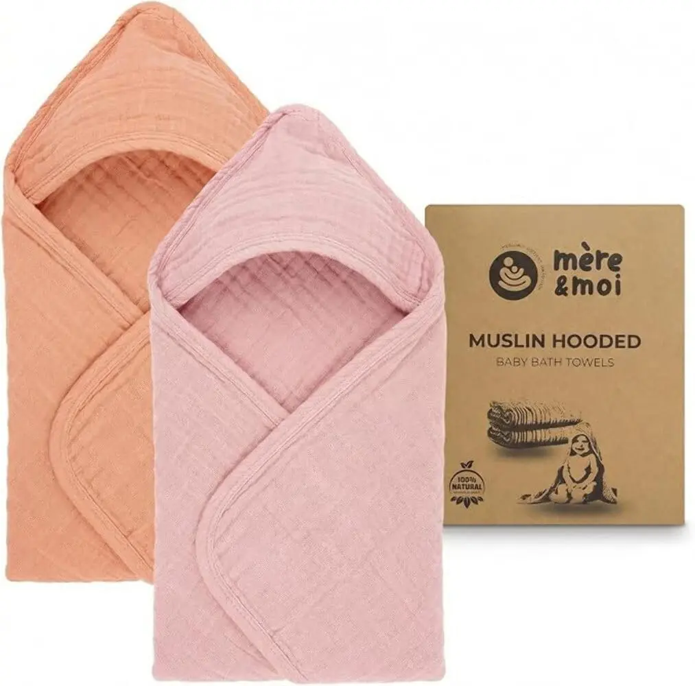 Mère & Moi 2 Pack Muslin Hooded Baby Bath Towels | Ultra-Soft Cotton, Quick-Dry, Breathable (30x30 in) - view 2