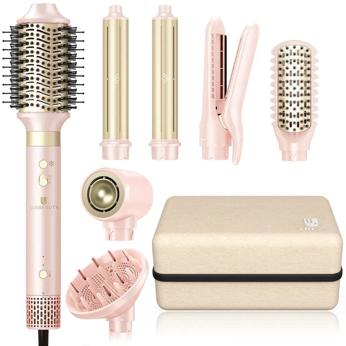 webeauty Hair Dryer Brush 8-in-1 Dual Voltage Hot Air Styler | Fast-Drying Ionic Blow Dryer with Attachments, Frizz-Free, Pink - main product image