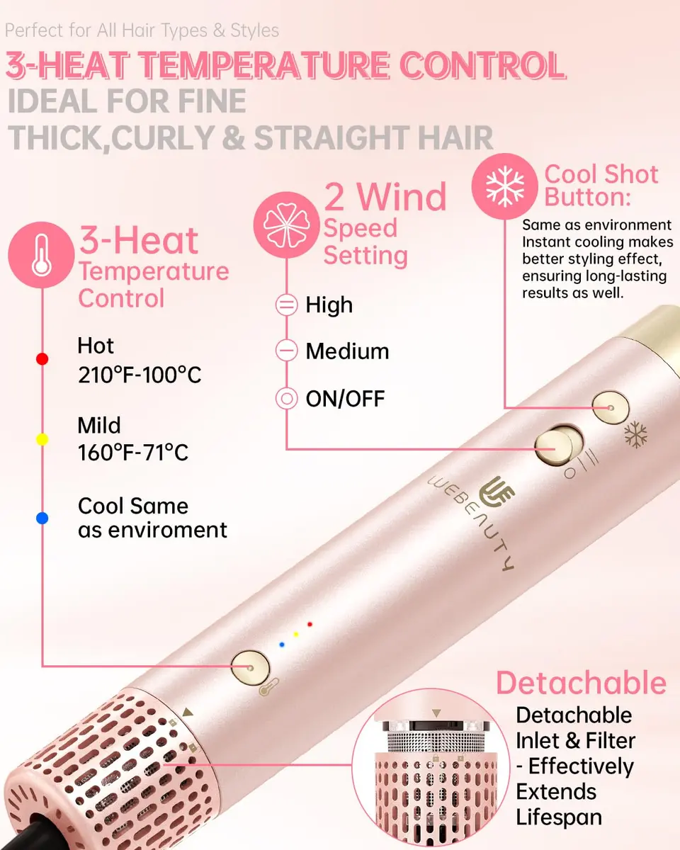 webeauty Hair Dryer Brush 8-in-1 Dual Voltage Hot Air Styler | Fast-Drying Ionic Blow Dryer with Attachments, Frizz-Free, Pink - view 6