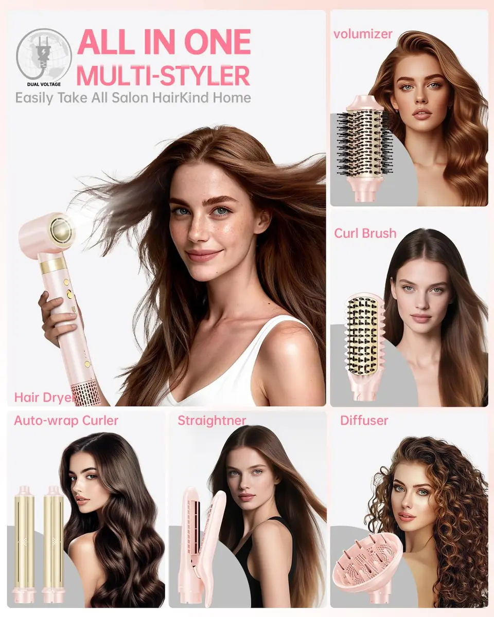 webeauty Hair Dryer Brush 8-in-1 Dual Voltage Hot Air Styler | Fast-Drying Ionic Blow Dryer with Attachments, Frizz-Free, Pink - view 2