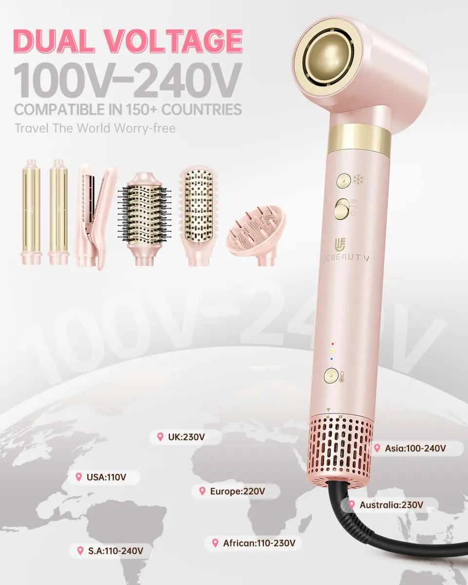webeauty Hair Dryer Brush 8-in-1 Dual Voltage Hot Air Styler | Fast-Drying Ionic Blow Dryer with Attachments, Frizz-Free, Pink - view 3