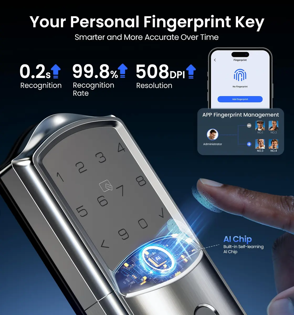 Veise VE027 WiFi Smart Lock Fingerprint Deadbolt Satin Nickel | Keyless Entry with App Control - view 5