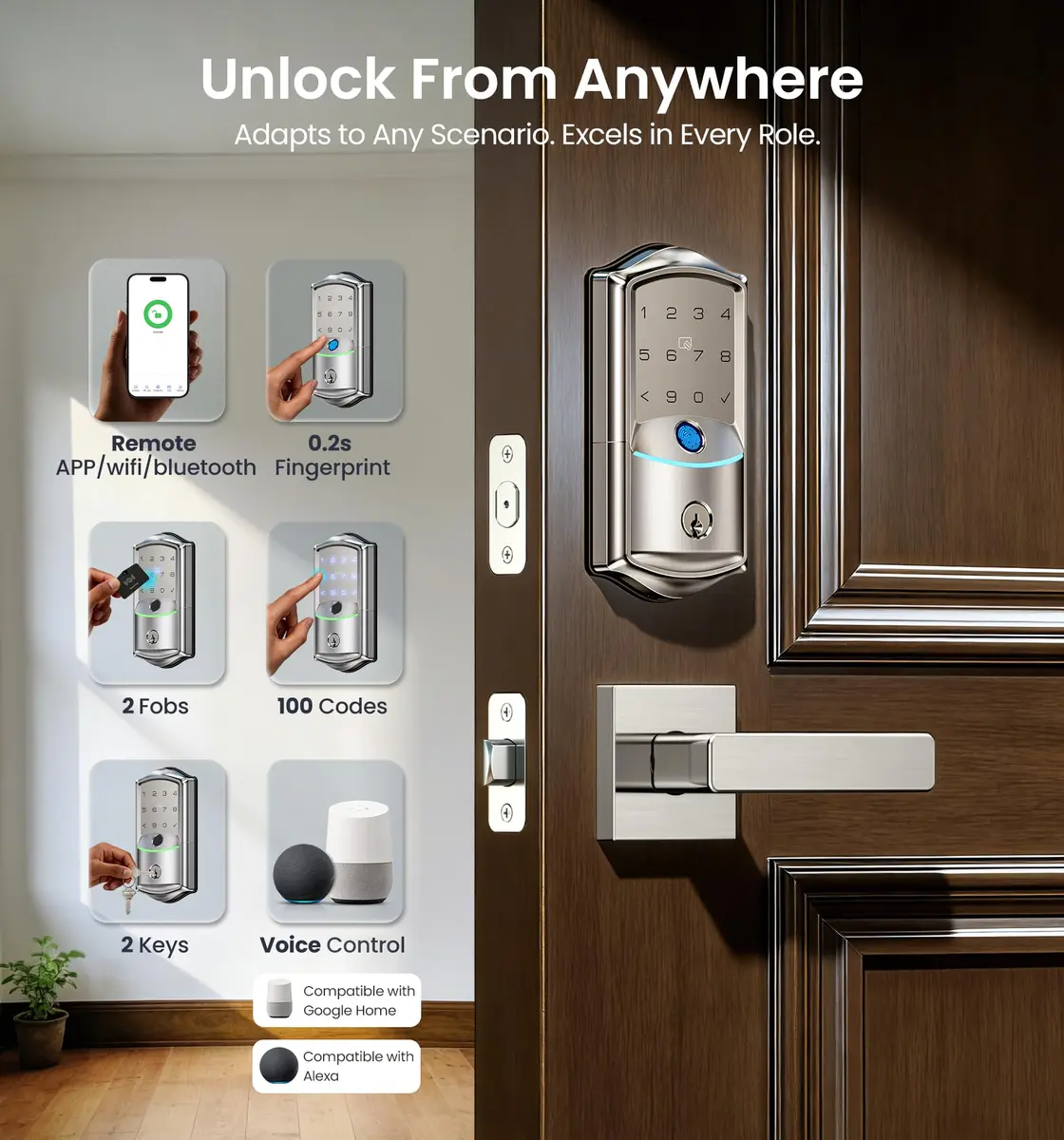 Veise VE027 WiFi Smart Lock Fingerprint Deadbolt Satin Nickel | Keyless Entry with App Control - view 3