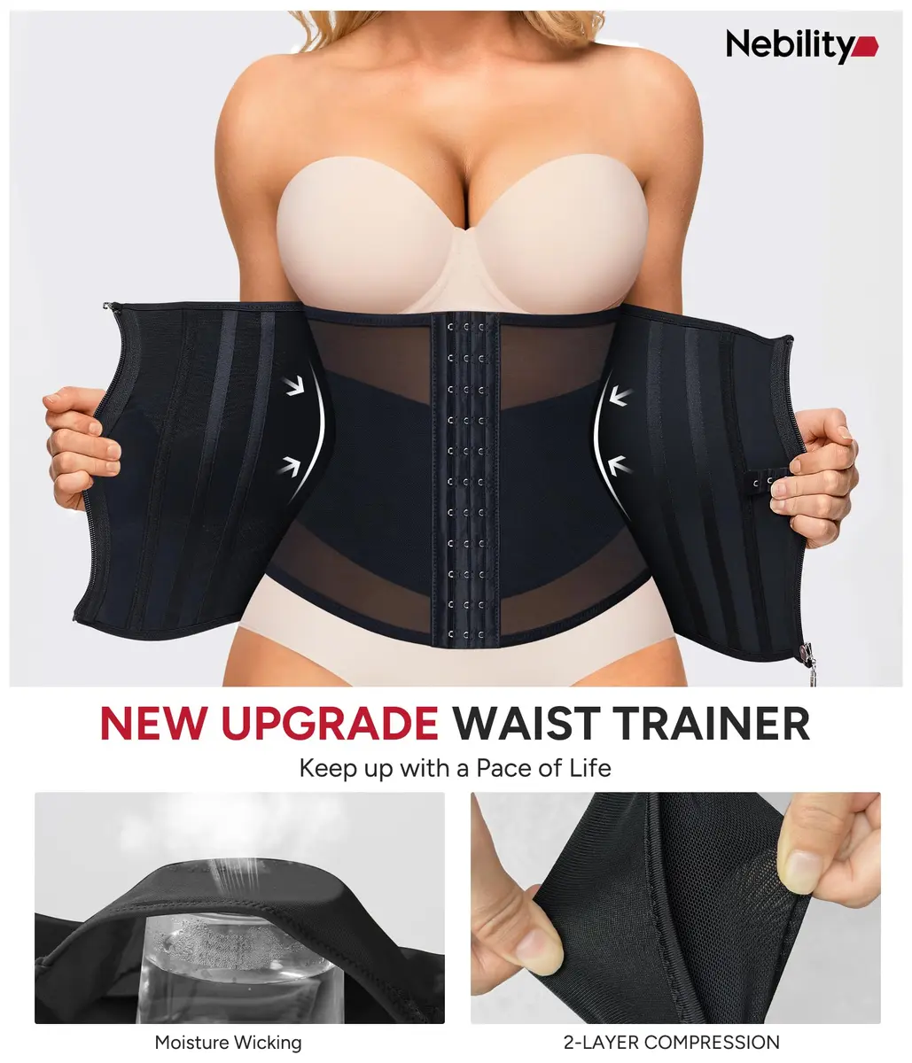 Nebility Women's Waist Trainer Zipper Corset Shapewear with 11 Steel Bones | Black, Large (US Size) - view 2