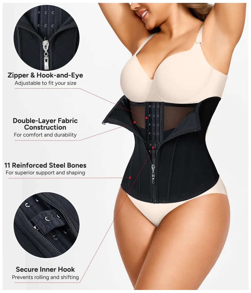 Nebility Women's Waist Trainer Zipper Corset Shapewear with 11 Steel Bones | Black, Large (US Size) - view 3