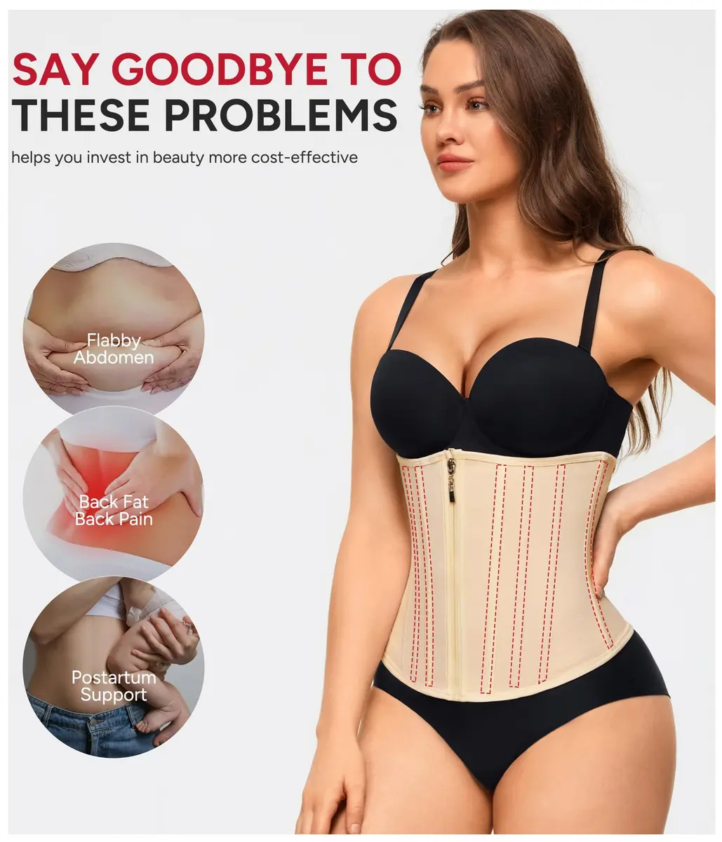 Nebility Women's Waist Trainer Zipper Corset Shapewear Beige XL | Tummy Control & Back Support - view 6
