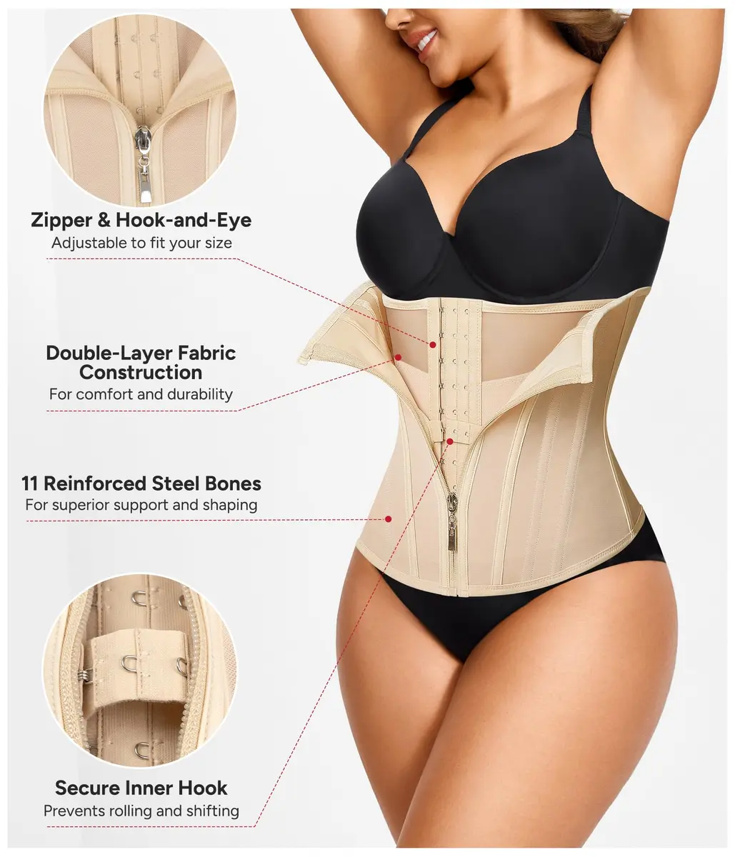 Nebility Women's Waist Trainer Zipper Corset Shapewear Beige XL | Tummy Control & Back Support - view 3