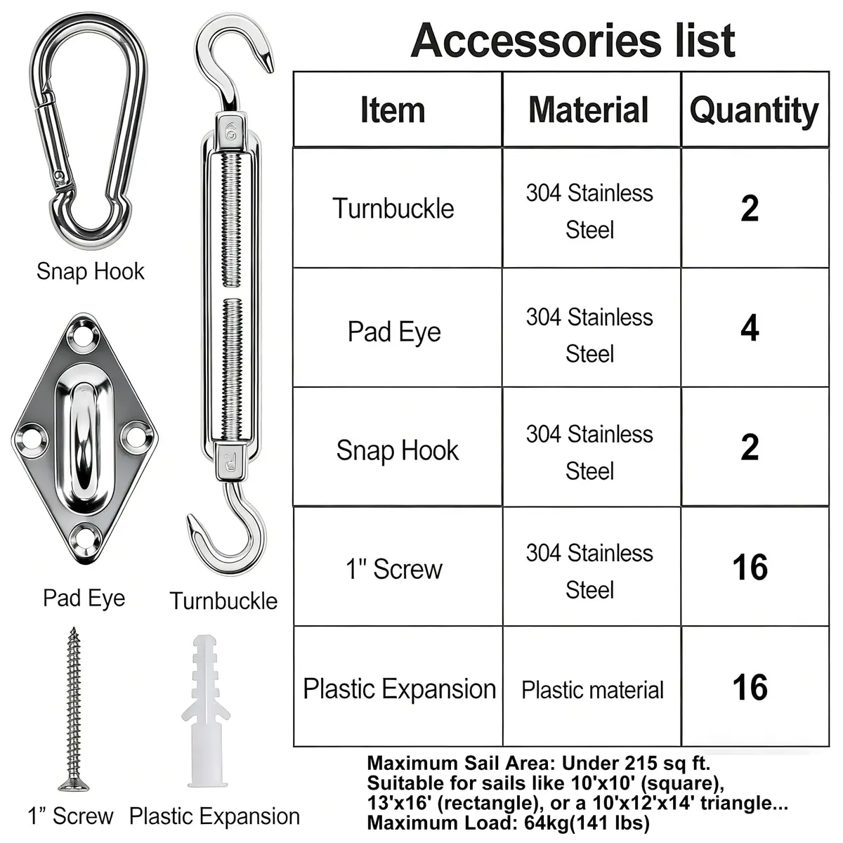 YOFIT 40 Pcs Shade Sail Hardware Kit 15.2 cm (6 Inch) | Heavy Duty 304 Stainless Steel for Patio & Garden - view 4