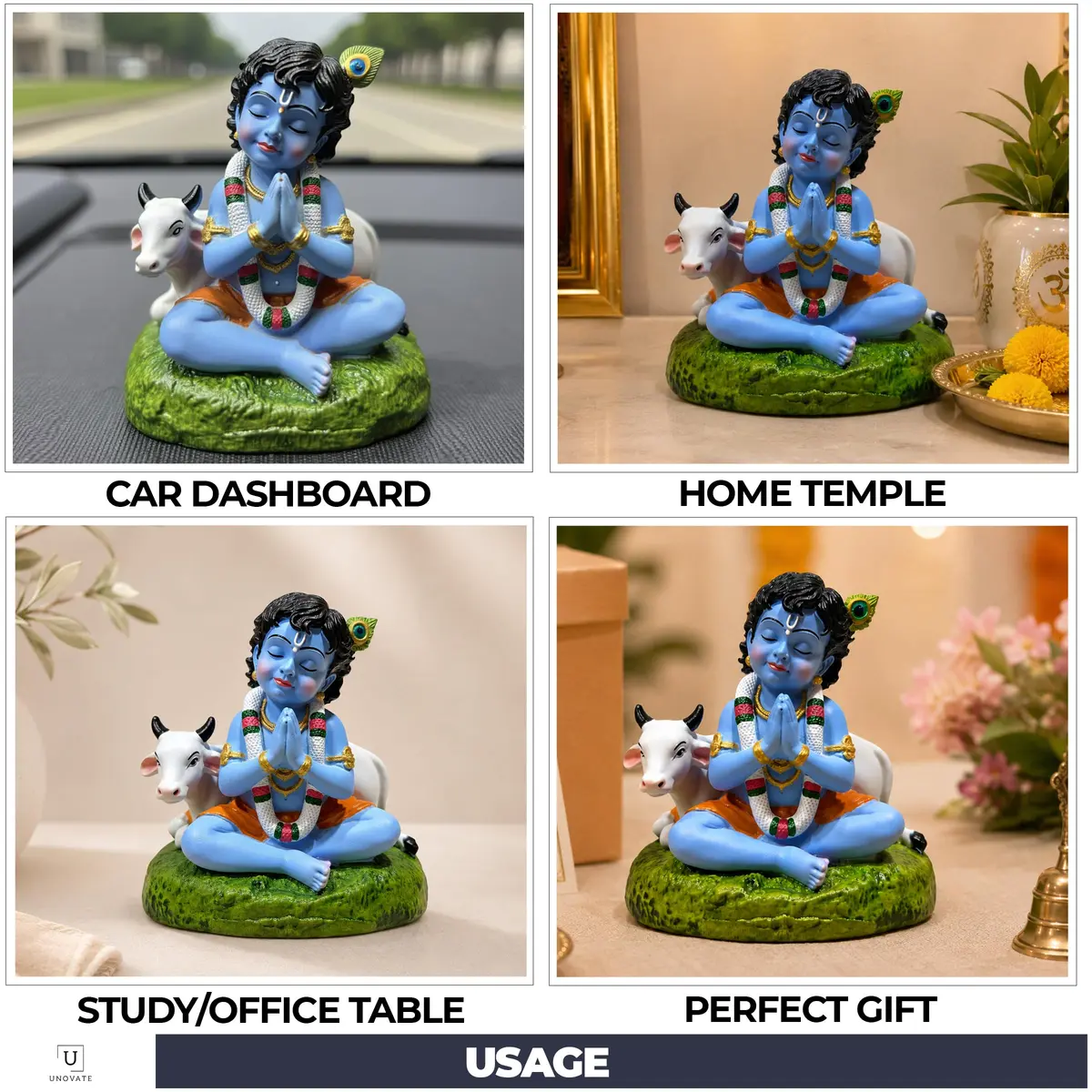 UNOVATE Krishna Idol for Car Dashboard | Krishna Murti for Home | Blue Matte Finish Resin Statue 8cm (3.15in) - view 4