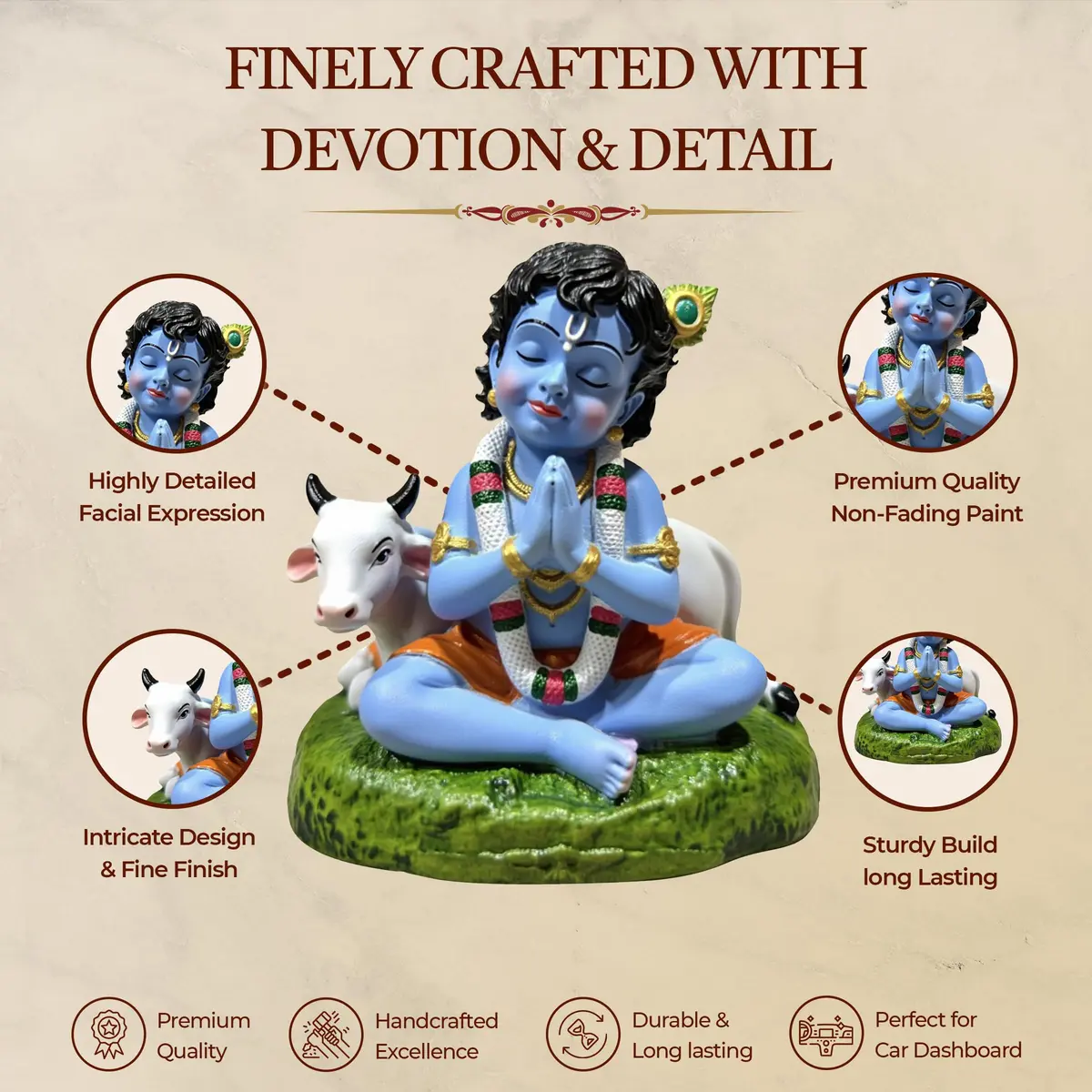 UNOVATE Krishna Idol for Car Dashboard | Krishna Murti for Home | Blue Matte Finish Resin Statue 8cm (3.15in) - view 3