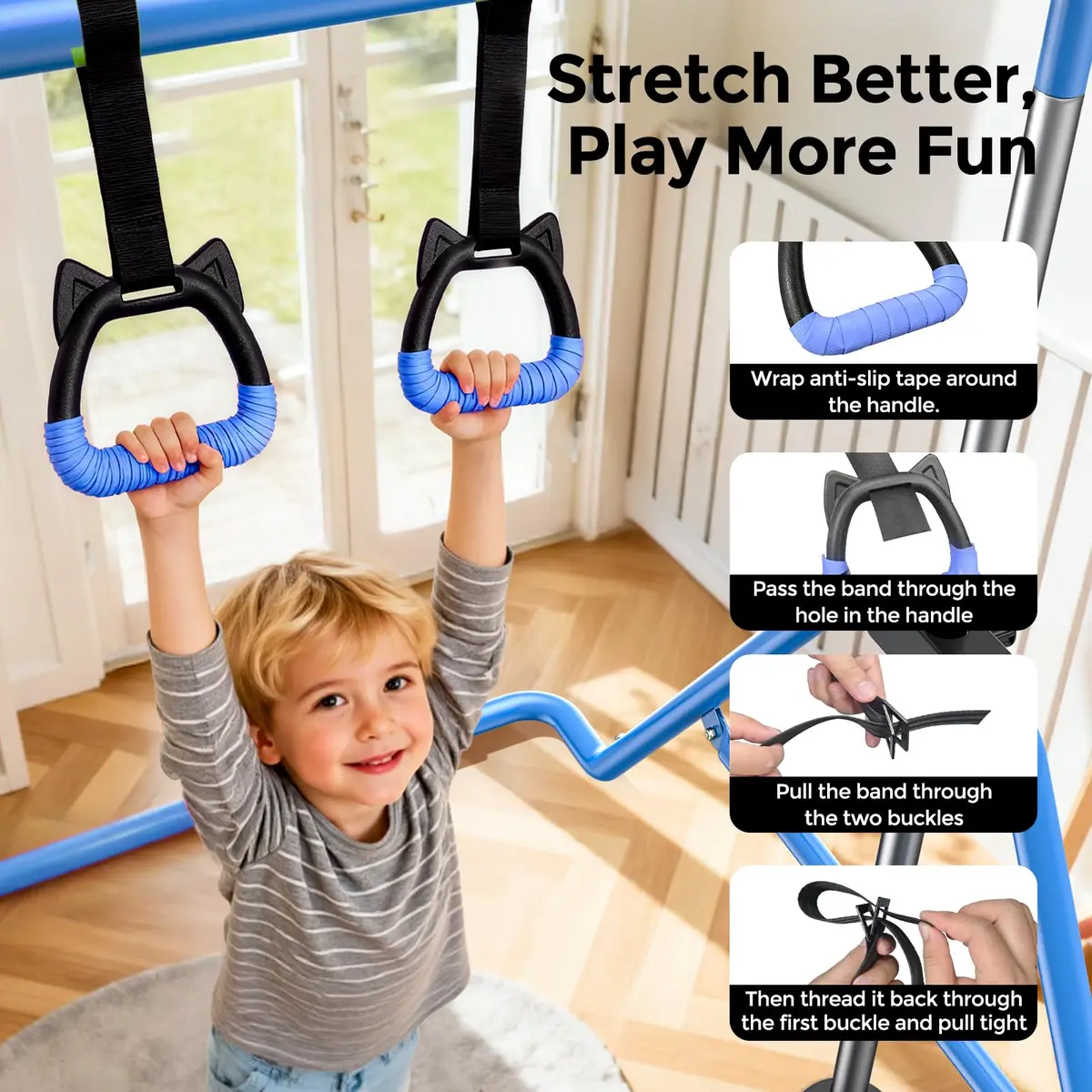 Sportsroyals Gymnastics Bar for Kids at Home, Foldable, Blue | Supports 140 lbs, Adjustable Heights, Space-Saving Design - view 5
