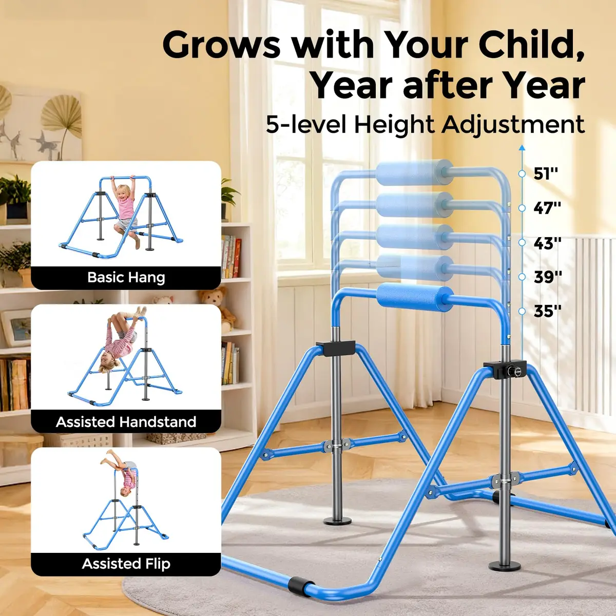 Sportsroyals Gymnastics Bar for Kids at Home, Foldable, Blue | Supports 140 lbs, Adjustable Heights, Space-Saving Design - view 6