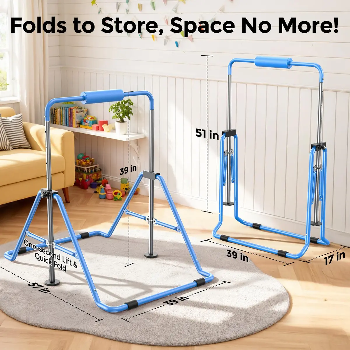 Sportsroyals Gymnastics Bar for Kids at Home, Foldable, Blue | Supports 140 lbs, Adjustable Heights, Space-Saving Design - view 7