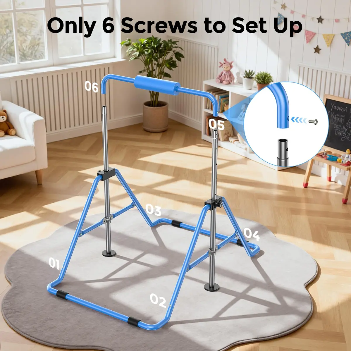 Sportsroyals Gymnastics Bar for Kids at Home, Foldable, Blue | Supports 140 lbs, Adjustable Heights, Space-Saving Design - view 8