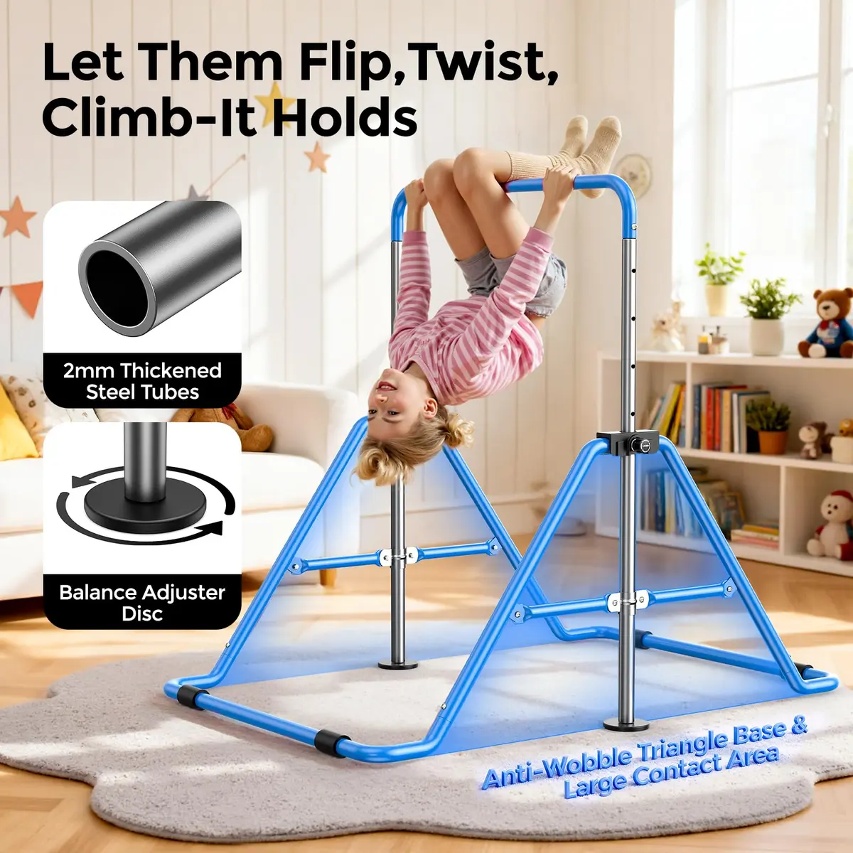 Sportsroyals Gymnastics Bar for Kids at Home, Foldable, Blue | Supports 140 lbs, Adjustable Heights, Space-Saving Design - view 2