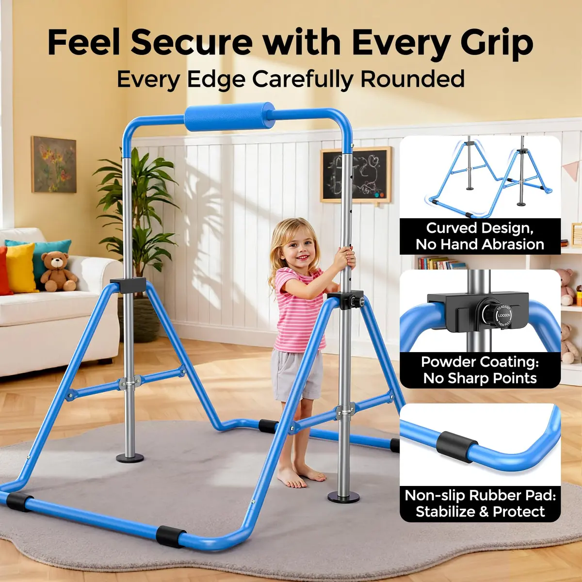 Sportsroyals Gymnastics Bar for Kids at Home, Foldable, Blue | Supports 140 lbs, Adjustable Heights, Space-Saving Design - view 3