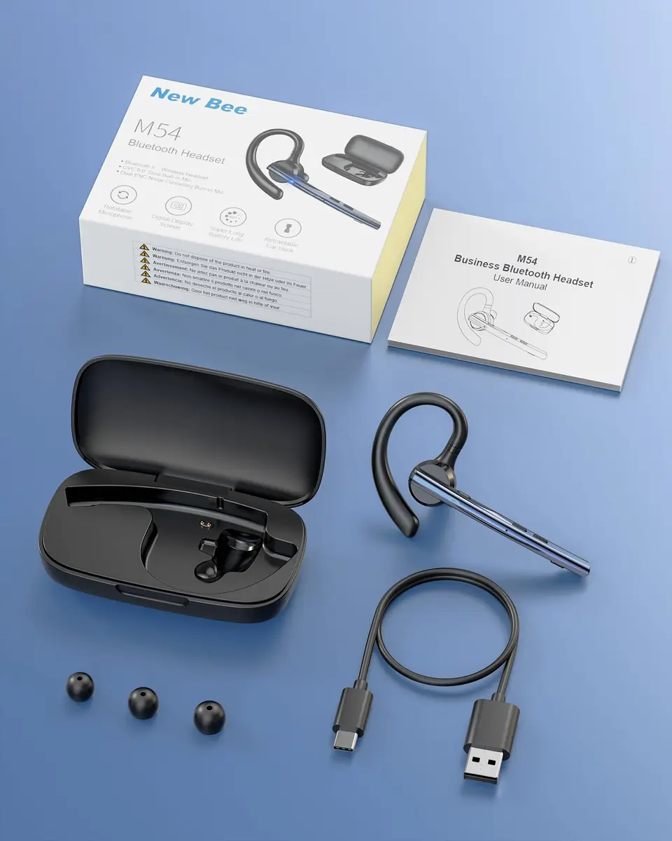 New Bee M54 Bluetooth Headset V5.1 72H Talk Time Dual Mic with Mute Button, 500mAh Charging Case | Bluetooth Headset for Cell Phone Calls, Trucker Driver, Laptop - view 8