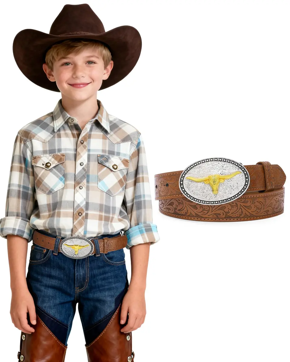 AWAYTR Kids Western Belt for Boy - Adjustable PU Leather Cowboy Belt for Boys & Girls - main product image