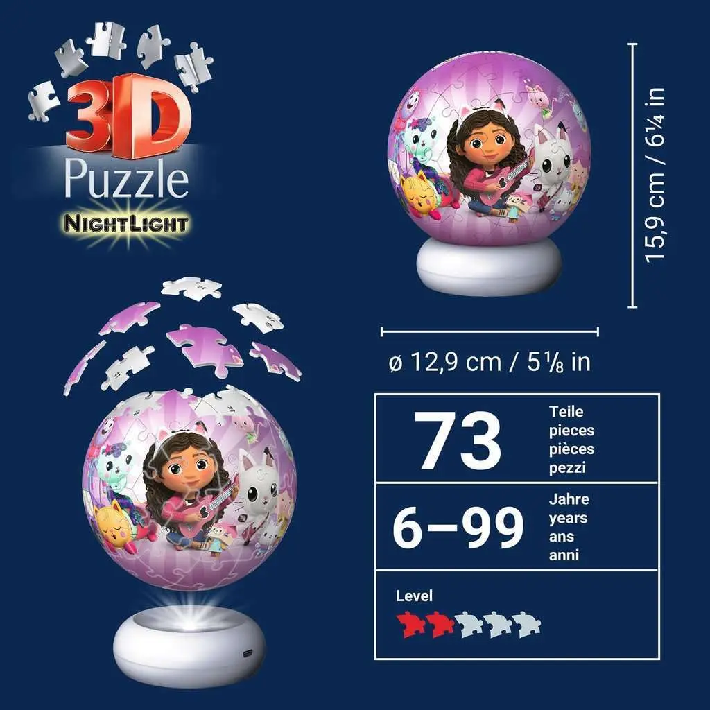 Ravensburger 3D Puzzle Ball Night Light Gabby's Dollhouse - Puzzle from 6 | Dimmer, Wireless & USB-C - view 5
