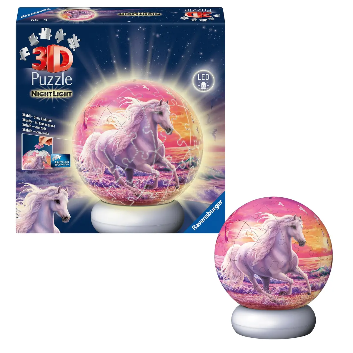 Ravensburger 3D Puzzle Horses on the Beach - 3D Puzzle Children from 6 Years - Puzzle Ball with LED Night Light as Bedside Lamp for Children - Horse Gifts for Girls and Boys - 12008054 | Decorative Night Light for Kids - main product image