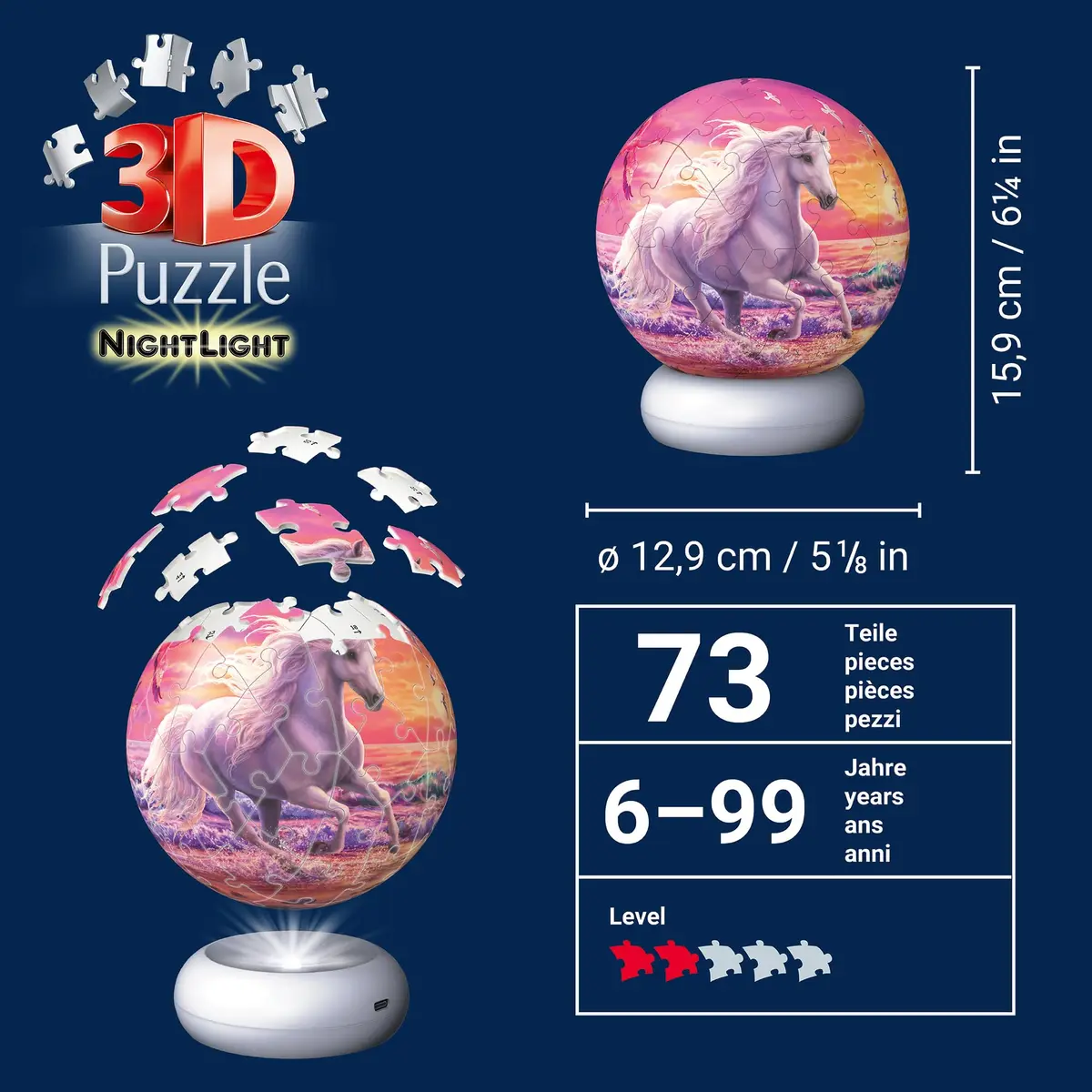 Ravensburger 3D Puzzle Horses on the Beach - 3D Puzzle Children from 6 Years - Puzzle Ball with LED Night Light as Bedside Lamp for Children - Horse Gifts for Girls and Boys - 12008054 | Decorative Night Light for Kids - view 2