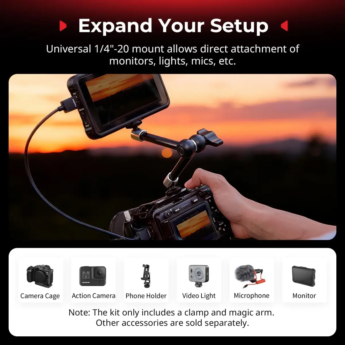 SMALLRIG Magic Arm with Super Clamp for Action Cameras, 18.8cm (7.4in) | Mounts Monitors, Lights, Cameras - view 4