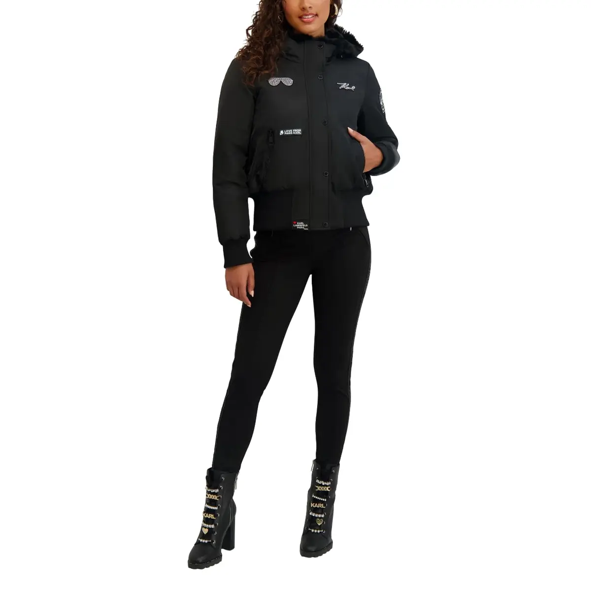 KARL LAGERFELD Paris Women's Water Resistant Cropped Patch Bomber Black, Medium | Versatile Fall/Winter Coat - main product image