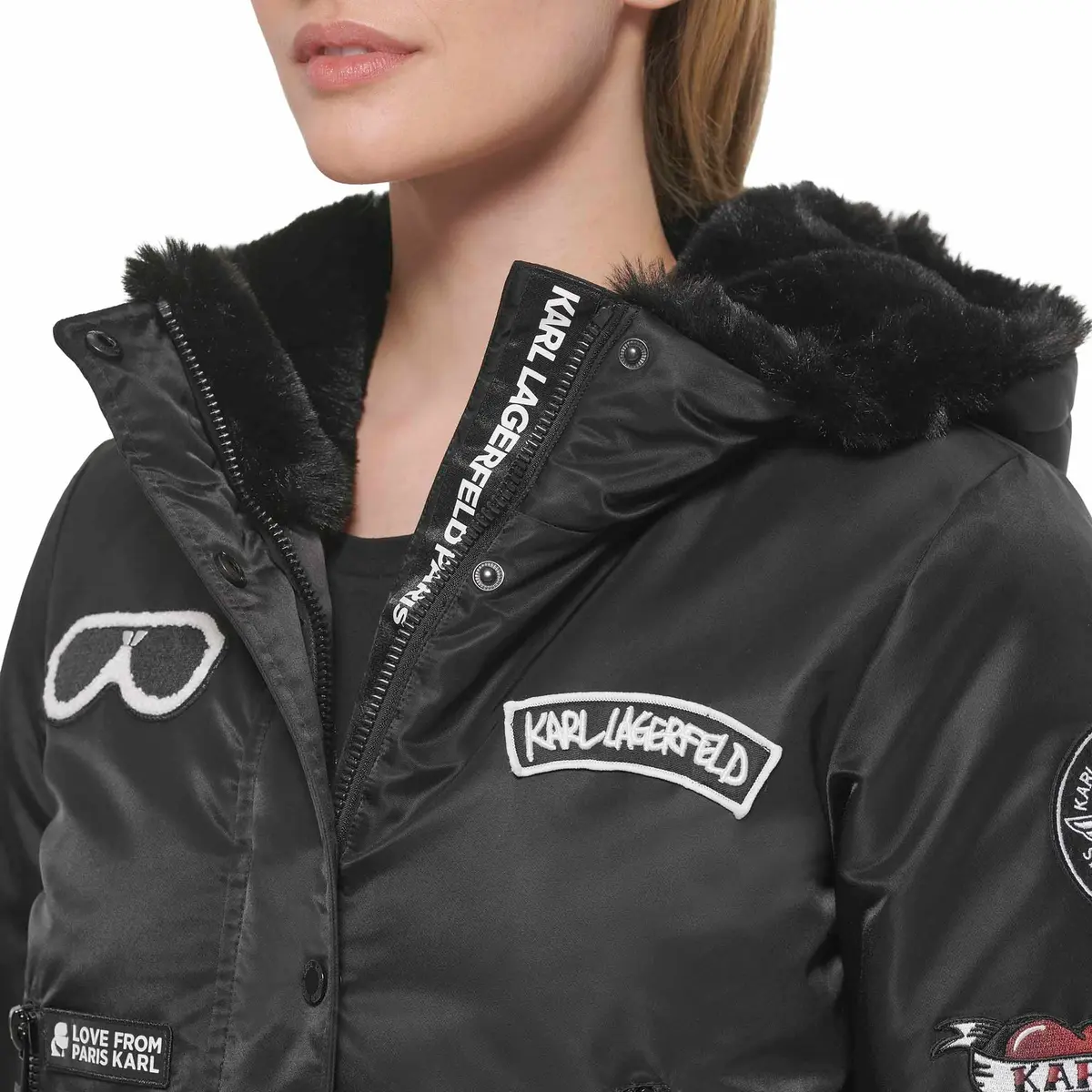 KARL LAGERFELD Paris Women's Water Resistant Cropped Patch Bomber Black, Medium | Versatile Fall/Winter Coat - view 2