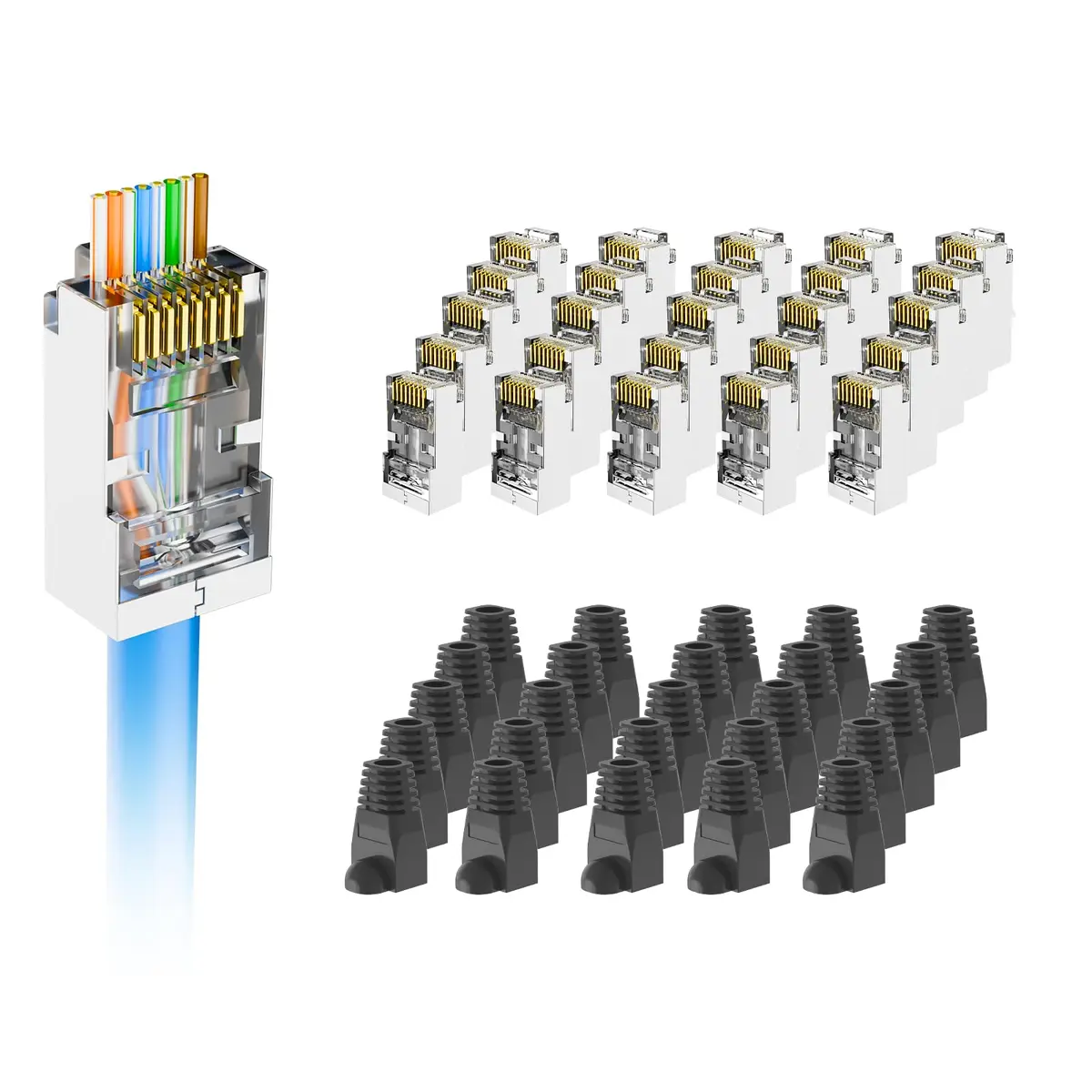VCE Cat6 Shielded RJ45 Passthrough Connector with Strain Relief Boot 25 Pcs | Gigabit Ethernet Cable Connector - main product image