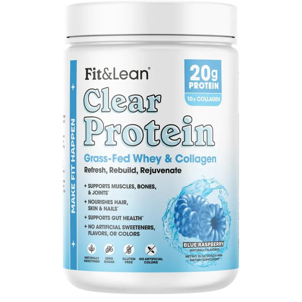 Fit & Lean Clear Protein Powder with Whey Isolate & Collagen, Grass Fed, 0g Sugar, Blue Raspberry, 20 Servings - main product image