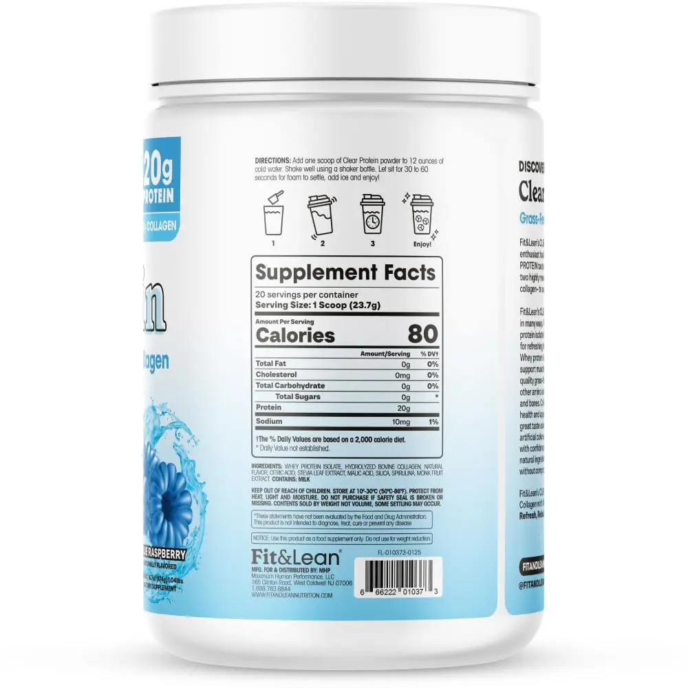 Fit & Lean Clear Protein Powder with Whey Isolate & Collagen, Grass Fed, 0g Sugar, Blue Raspberry, 20 Servings - view 7