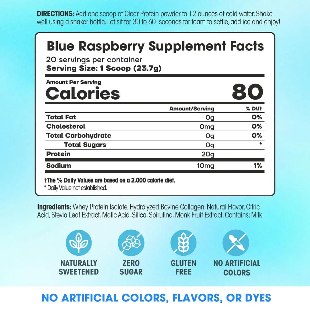 Fit & Lean Clear Protein Powder with Whey Isolate & Collagen, Grass Fed, 0g Sugar, Blue Raspberry, 20 Servings - view 2