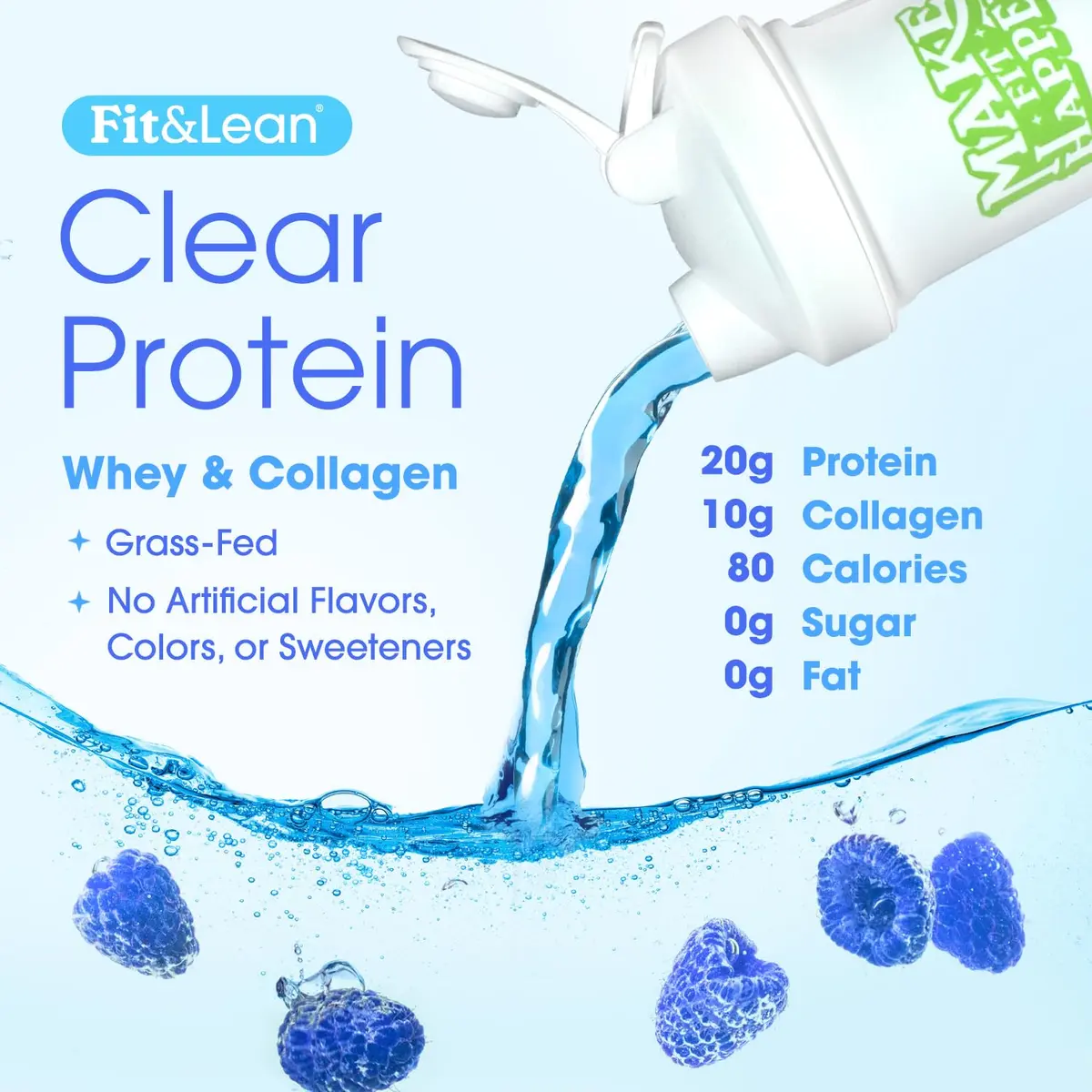 Fit & Lean Clear Protein Powder with Whey Isolate & Collagen, Grass Fed, 0g Sugar, Blue Raspberry, 20 Servings - view 3