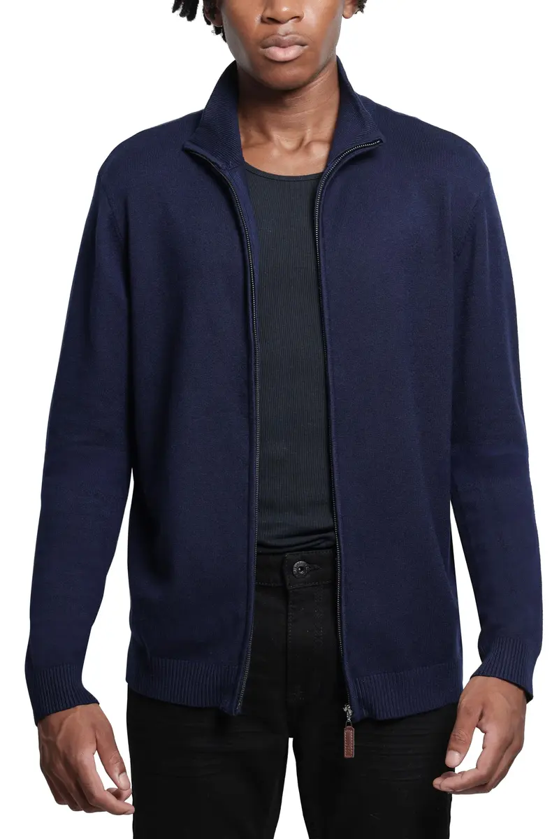 SPRING + MERCER Men's Full Zip Mock Neck Knit Sweater, Navy | Classic Fit, Soft Blend, Long Sleeve - main product image