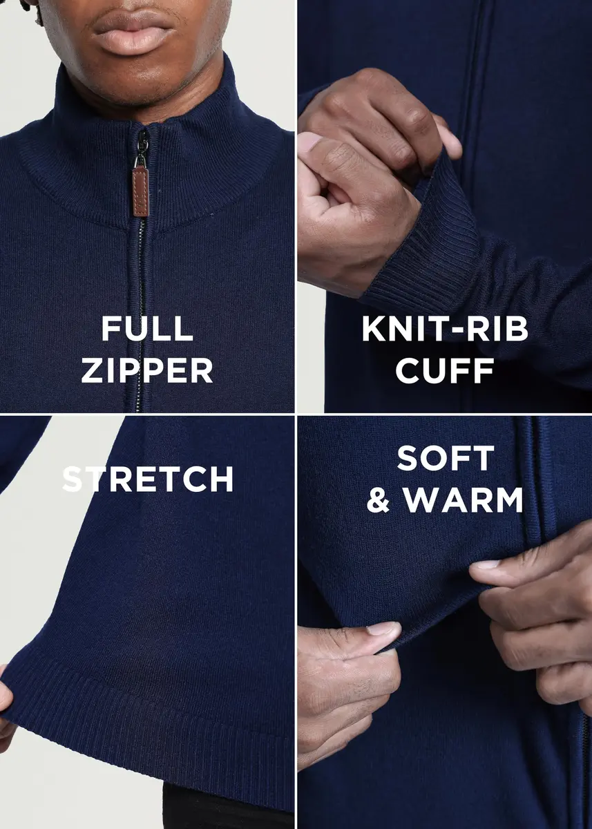 SPRING + MERCER Men's Full Zip Mock Neck Knit Sweater, Navy | Classic Fit, Soft Blend, Long Sleeve - view 4