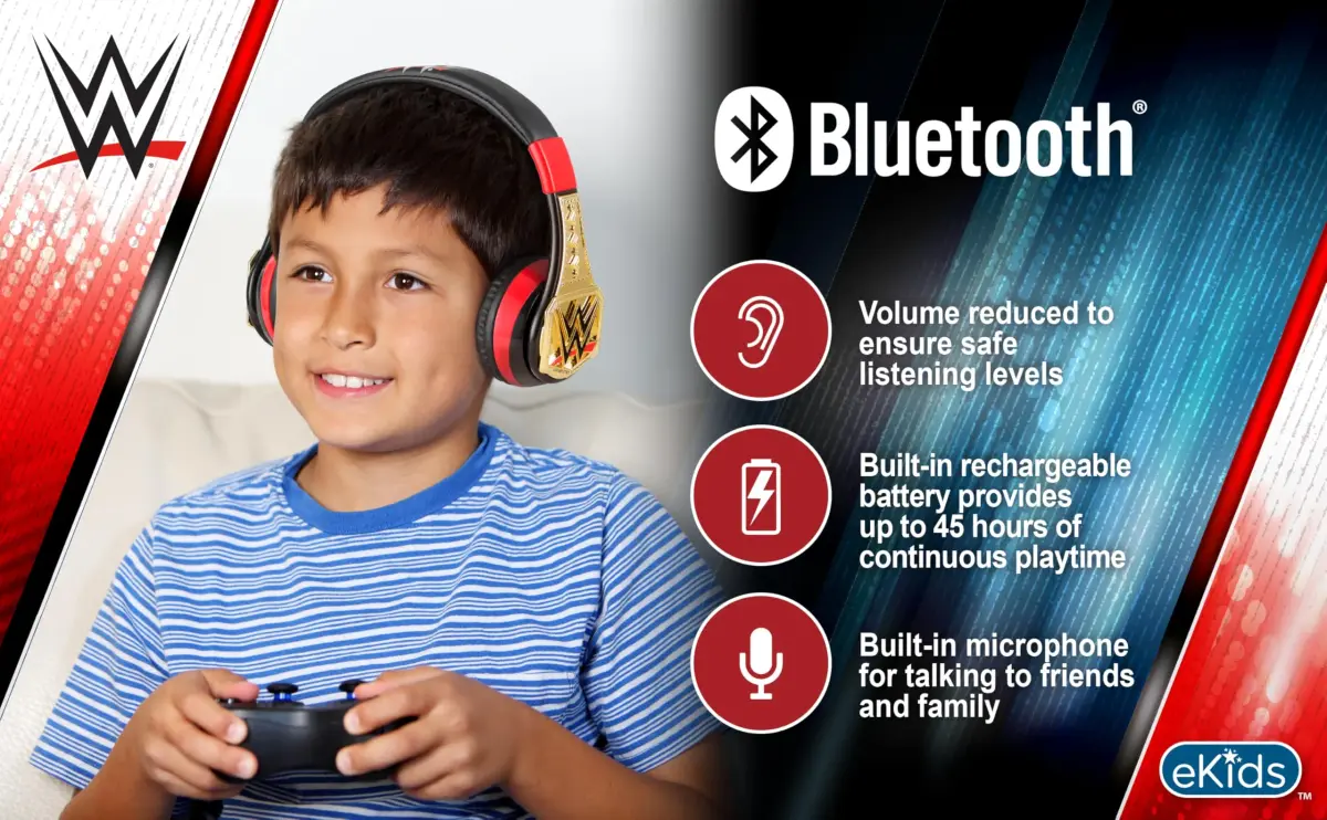 eKids WWE Bluetooth Headphones for Kids, Wireless Over-Ear Headphones with Microphone & 3.5mm Audio Cable | Kid-Friendly Volume - view 2