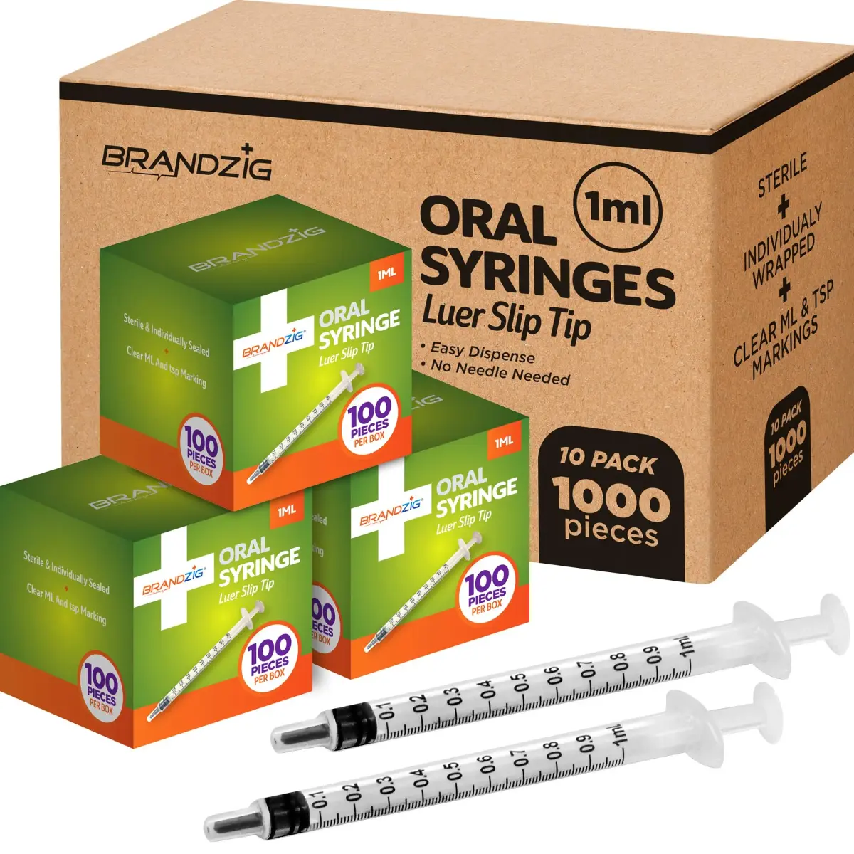 BRANDZIG 1ml Oral Syringe with Luer Slip Tip, Sterile, Individually Packed | 1000-Piece Bulk Case - main product image
