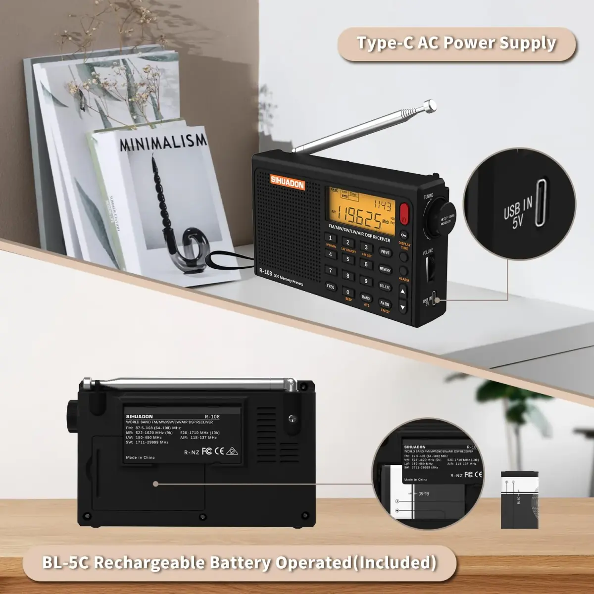 XHDATA R108 Portable Radio AM/FM/SW/LW/Airband Receiver | DSP Chip, 500 Memories, Type-C USB - view 5