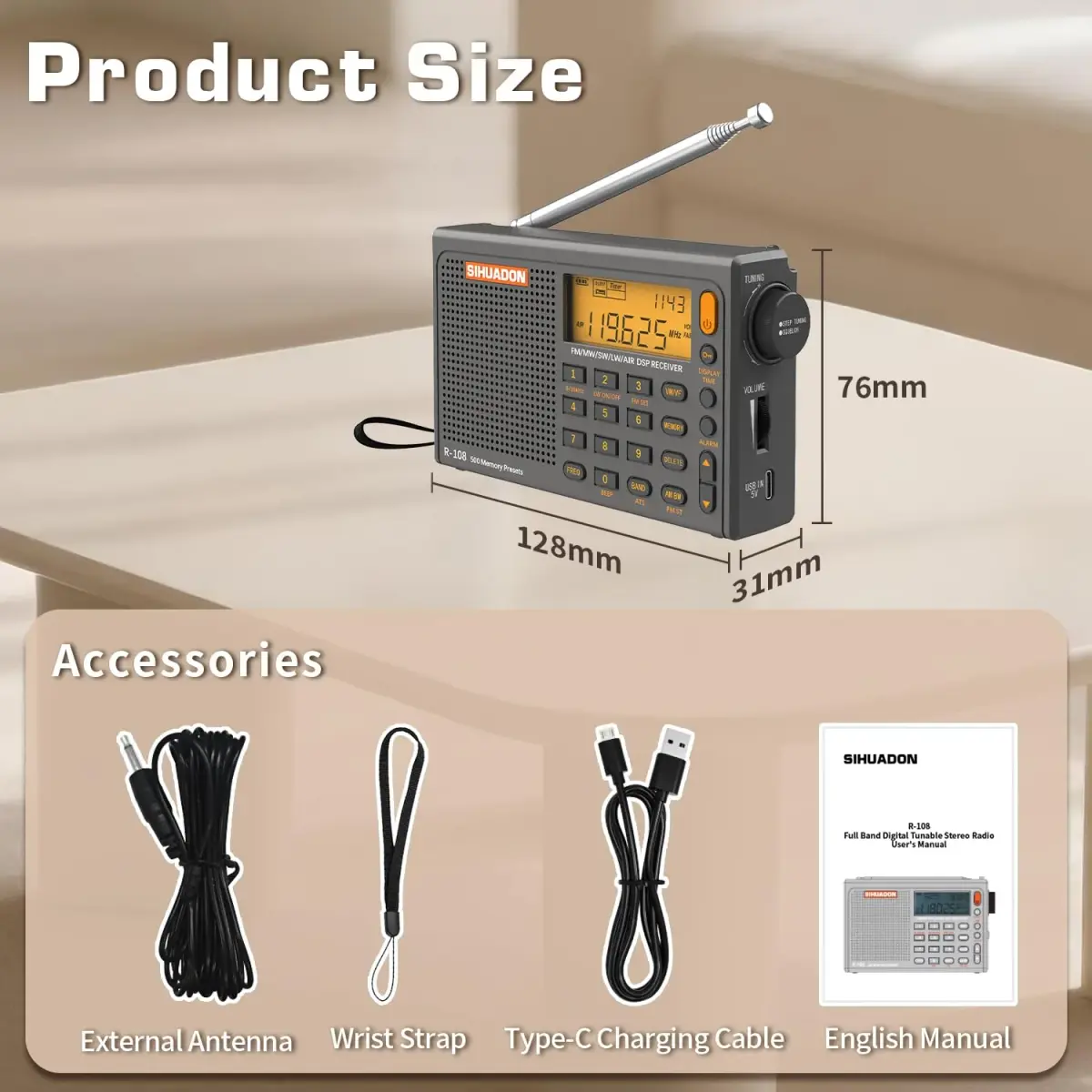 XHDATA R108 Portable Radio AM/FM/SW/LW/Airband Receiver | DSP Chip, 500 Memories, Type-C USB - view 7