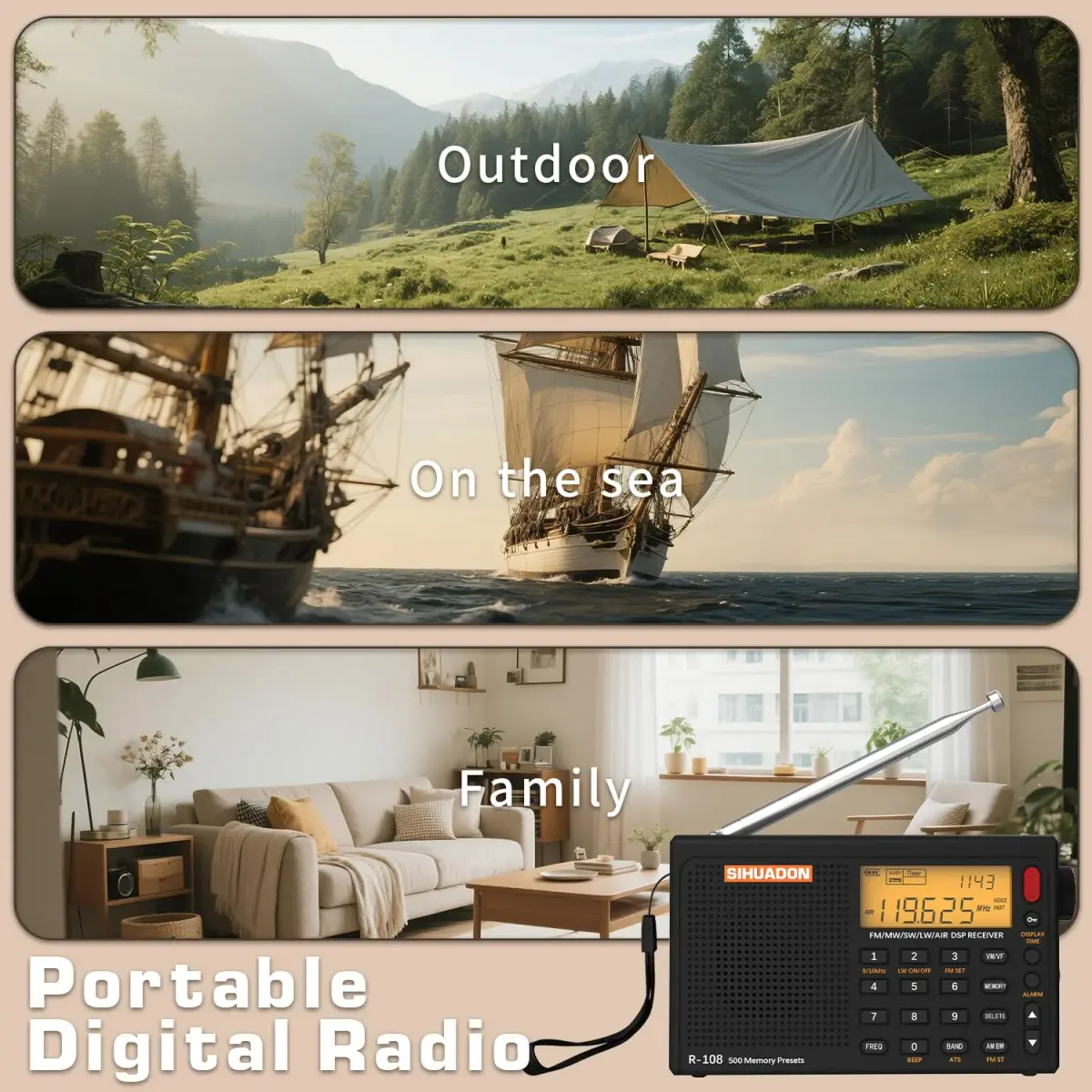 XHDATA R108 Portable Radio AM/FM/SW/LW/Airband Receiver | DSP Chip, 500 Memories, Type-C USB - view 8